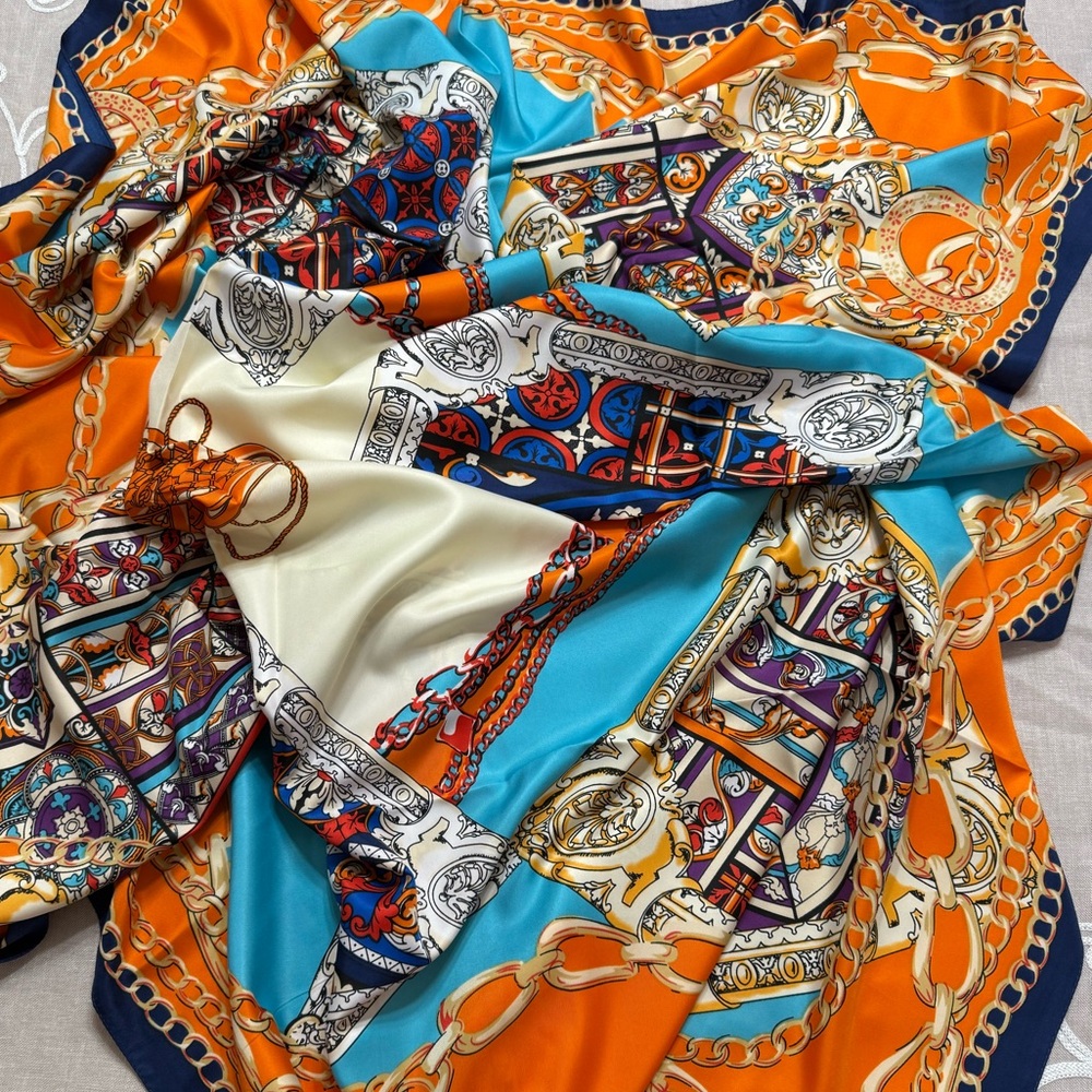 Vibrant Orange and Blue Silk Scarf
